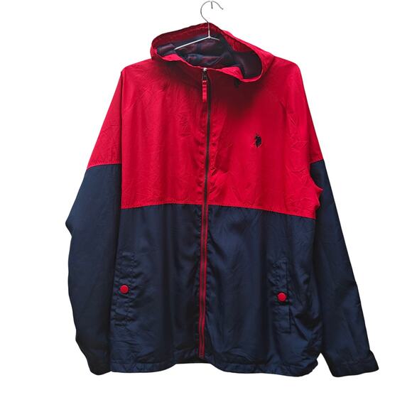 U.S. Polo Assn. Colorblock Hooded Windbreaker Jacket Red/Navy - Picture 1 of 4
